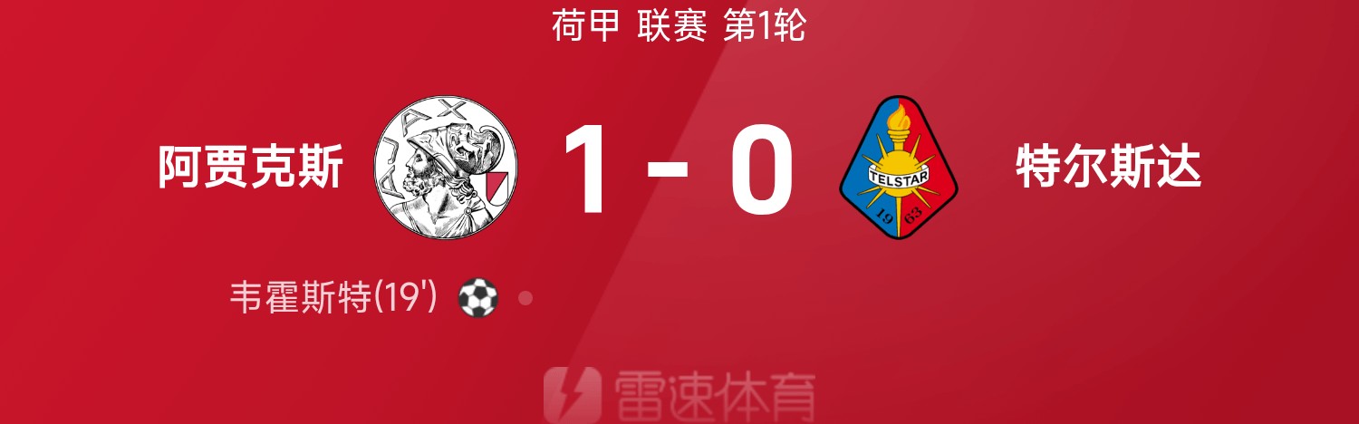 荷甲半场：韦霍斯特破门，阿贾克斯1-0特尔斯达